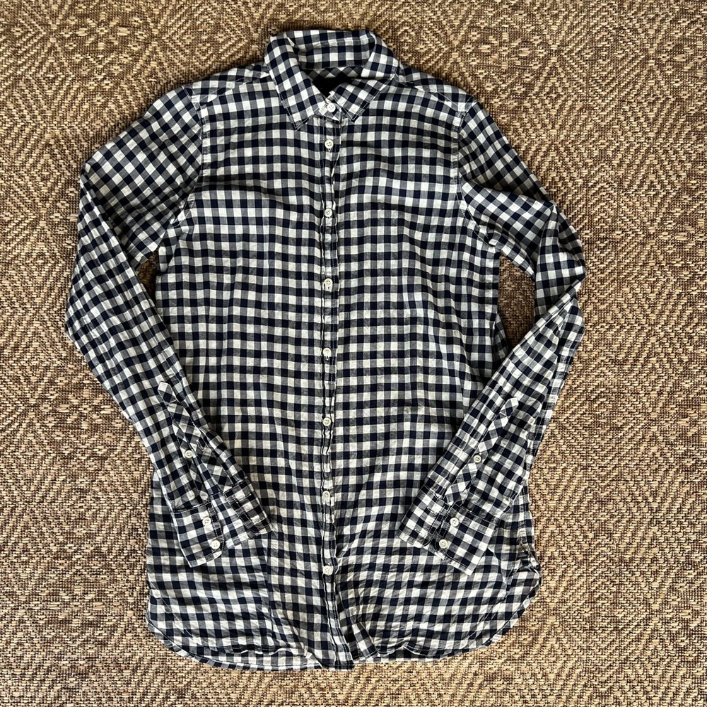 J.Crew Boy Fit Womens Cotton Button Down Gingham Checkered Shirt‎ Navy White